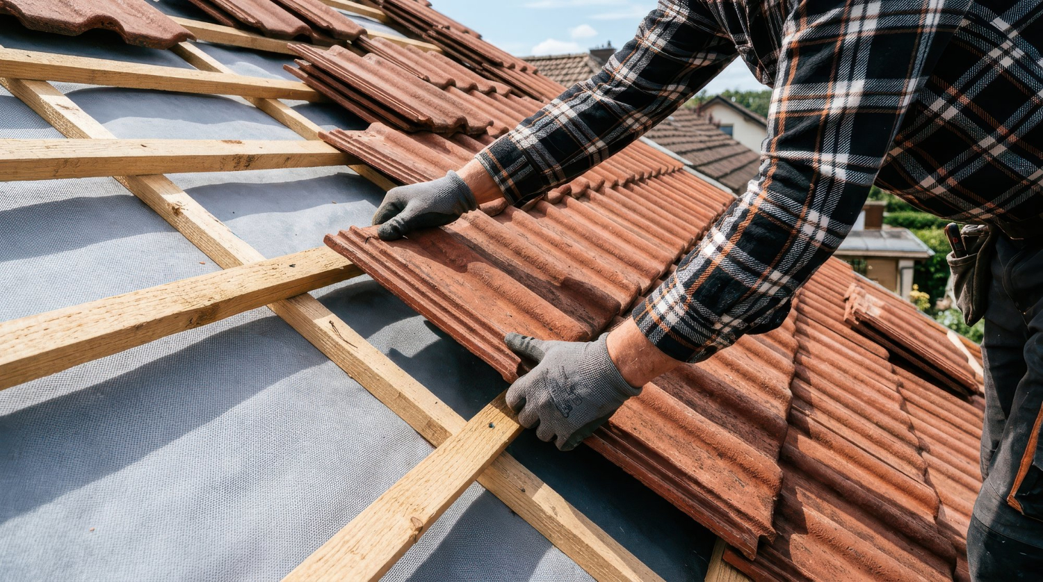 Couvreur posant des tuiles en céramique sur le toit d'une maison