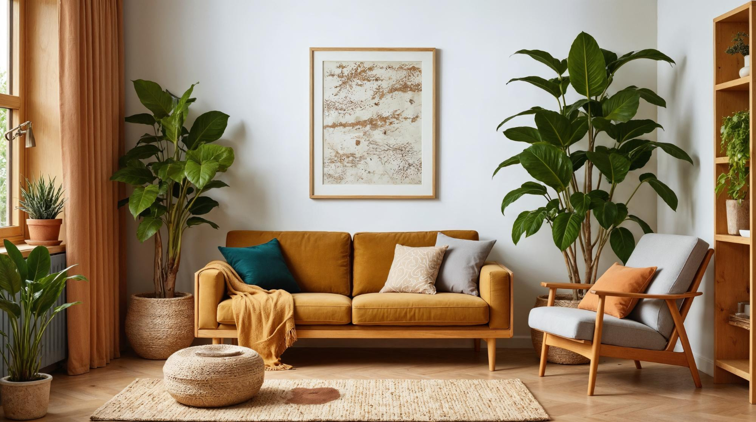 Un salon confortable avec des plantes, un canapé et des œuvres d'art