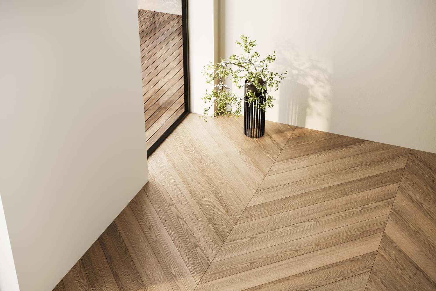 Vue supérieure d'un intérieur vide avec un sol en bois chevron